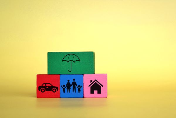 Seguro de daños; imagen de una serie de bloques con ilustraciones de protección y refugio a diferentes bienes de una familia.
