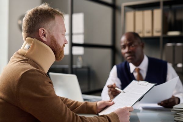 Agencia de seguros 2, Hombre con collarín en un consultorio