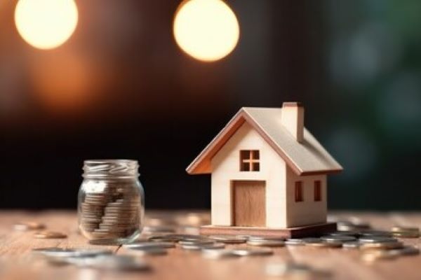 Cotizador de seguros; imagen de una pequeña de casa de madera al rededor de una serie de monedas como protección del patrimonio.